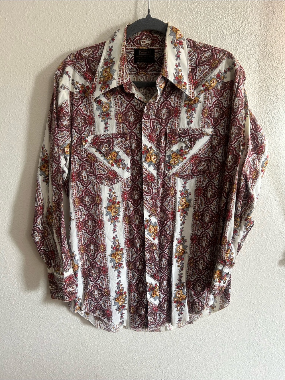 Vintage Sears Robuck Floral Patchwork Pattern Pearl Snap Western Button Up Mens